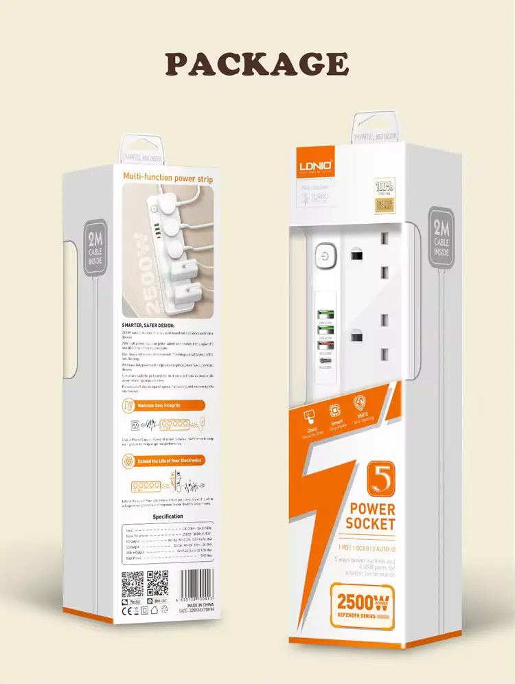 LDNIO SK5493 5 AC Outlets UK Power Strip