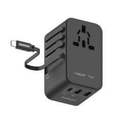 Momax UA18D 1-World+ 70W GaN 3Ports Travel Charger with Built-in USB-C Cable (1)