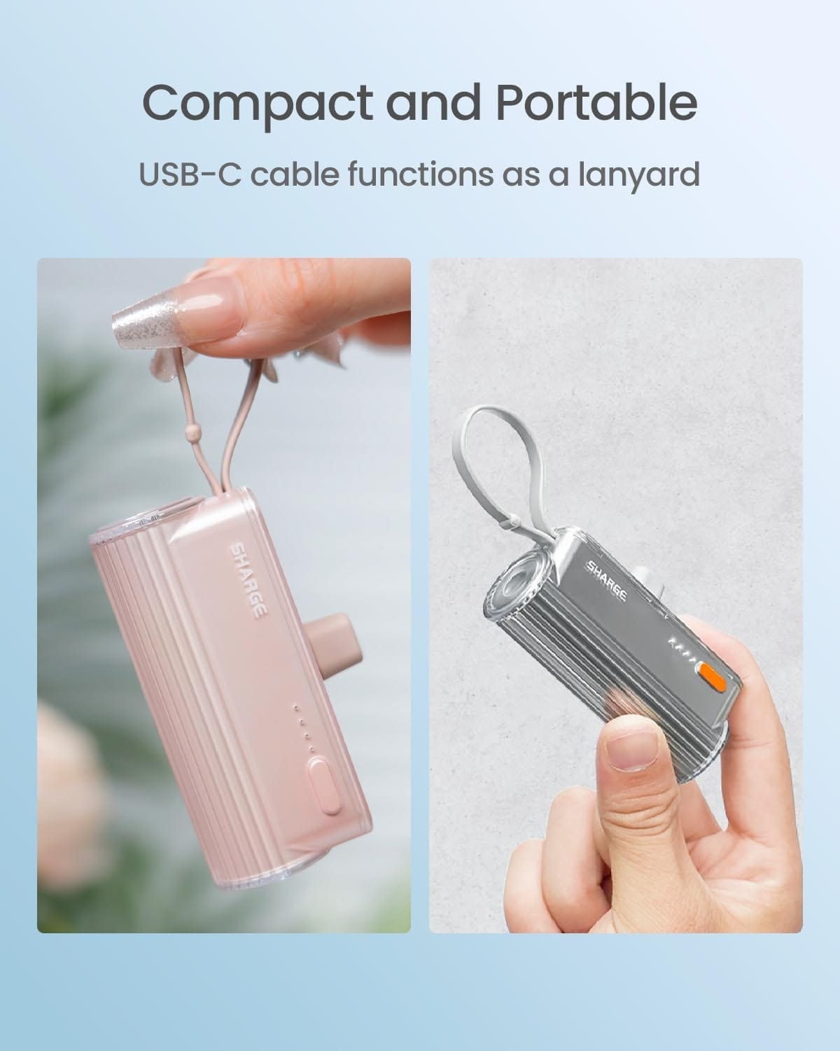 SHARGE Flow Mini 5000mAh 12W Power Bank with Lighting and Type-C Connector and Built-in Type-C Cable