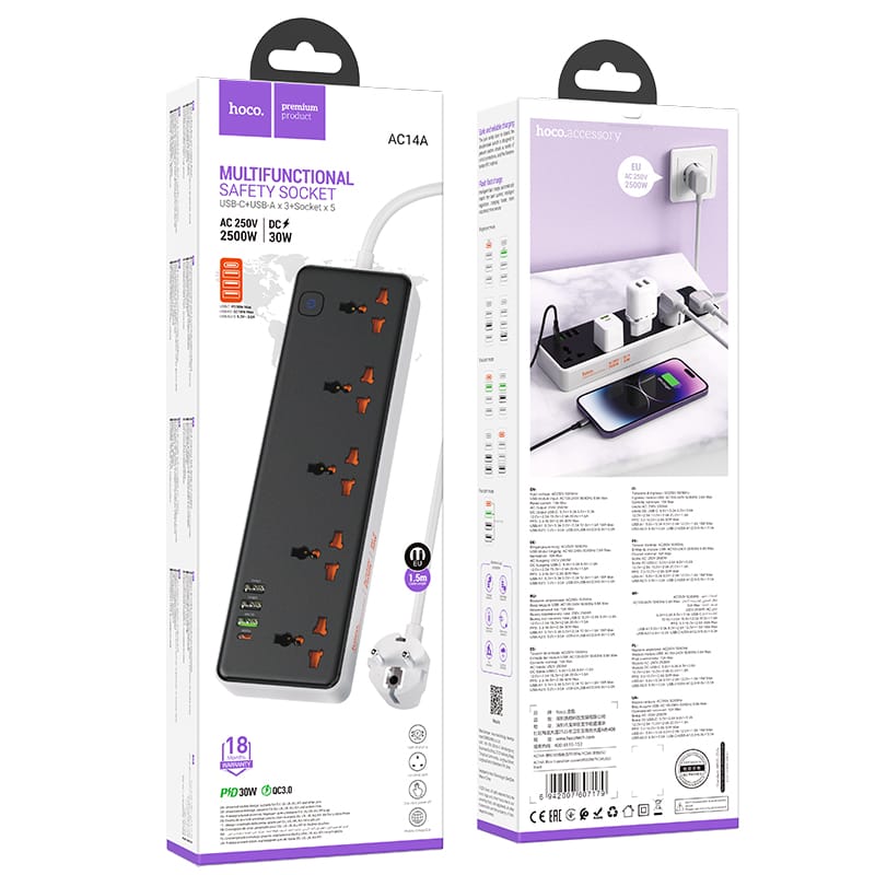 Hoco AC14A Rico 5-position Socket with PD30W+3USB Ports