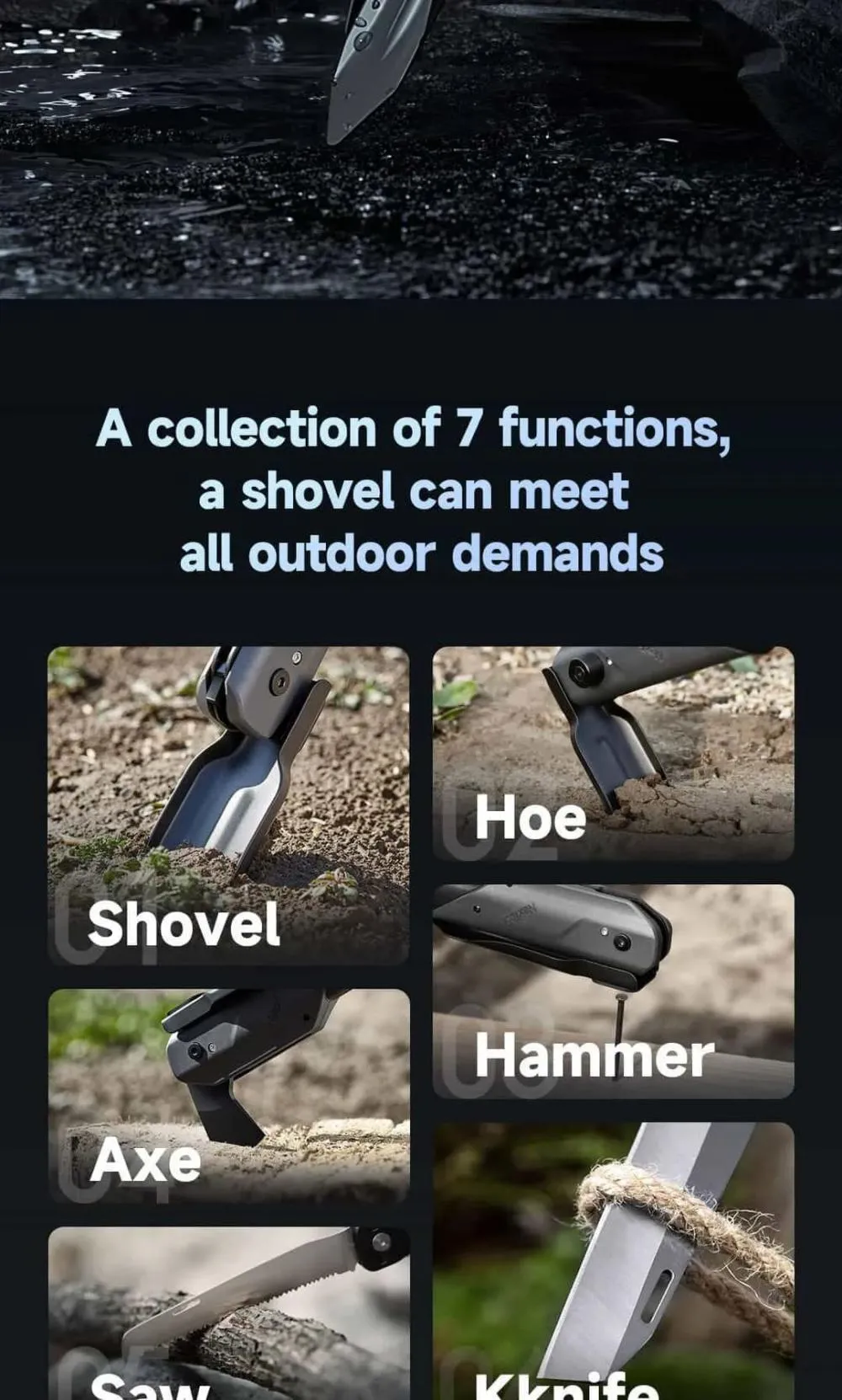 NexTool Outdoor Multi-functional Shovel 7 in 1 Multitool Camping Folding Shovel Hoe Axe Hammer Wood Saw Knife Survival Tool (1)