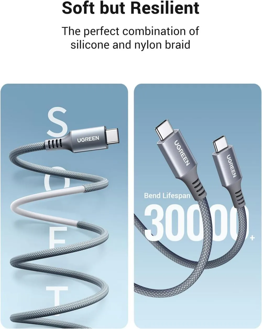 UGREEN USB C to USB C 100W PD Fast Charging Silicone and Nylon Braided Cable