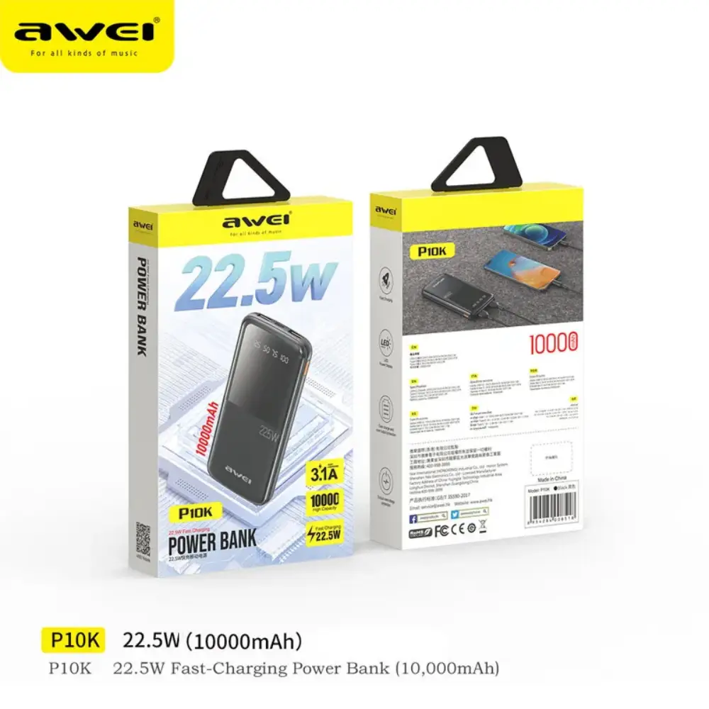 Awei P10K 10000mah 22.5W Fast Charging Digital Display Power Bank