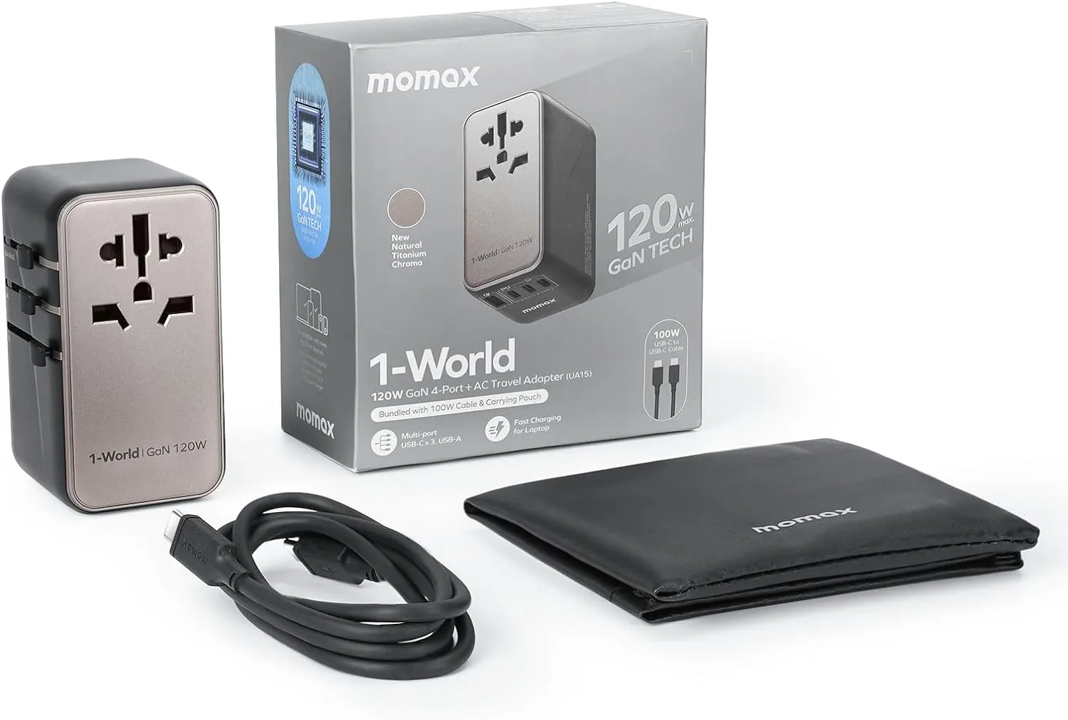 Momax 1-World 120W GaN Universal 4-Ports Travel Charger with 100W USB-C to USB-C Cable