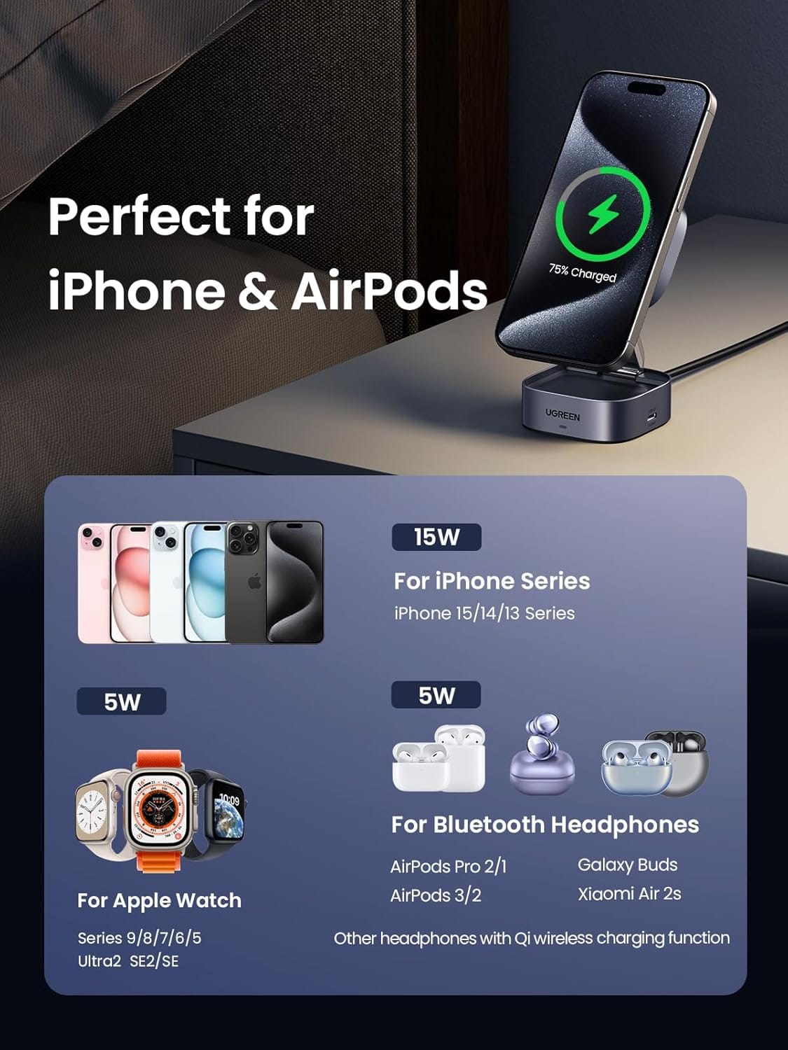 UGREEN 2-in-1 Qi2 Magnetic Foldable 15W Fast Charging Station