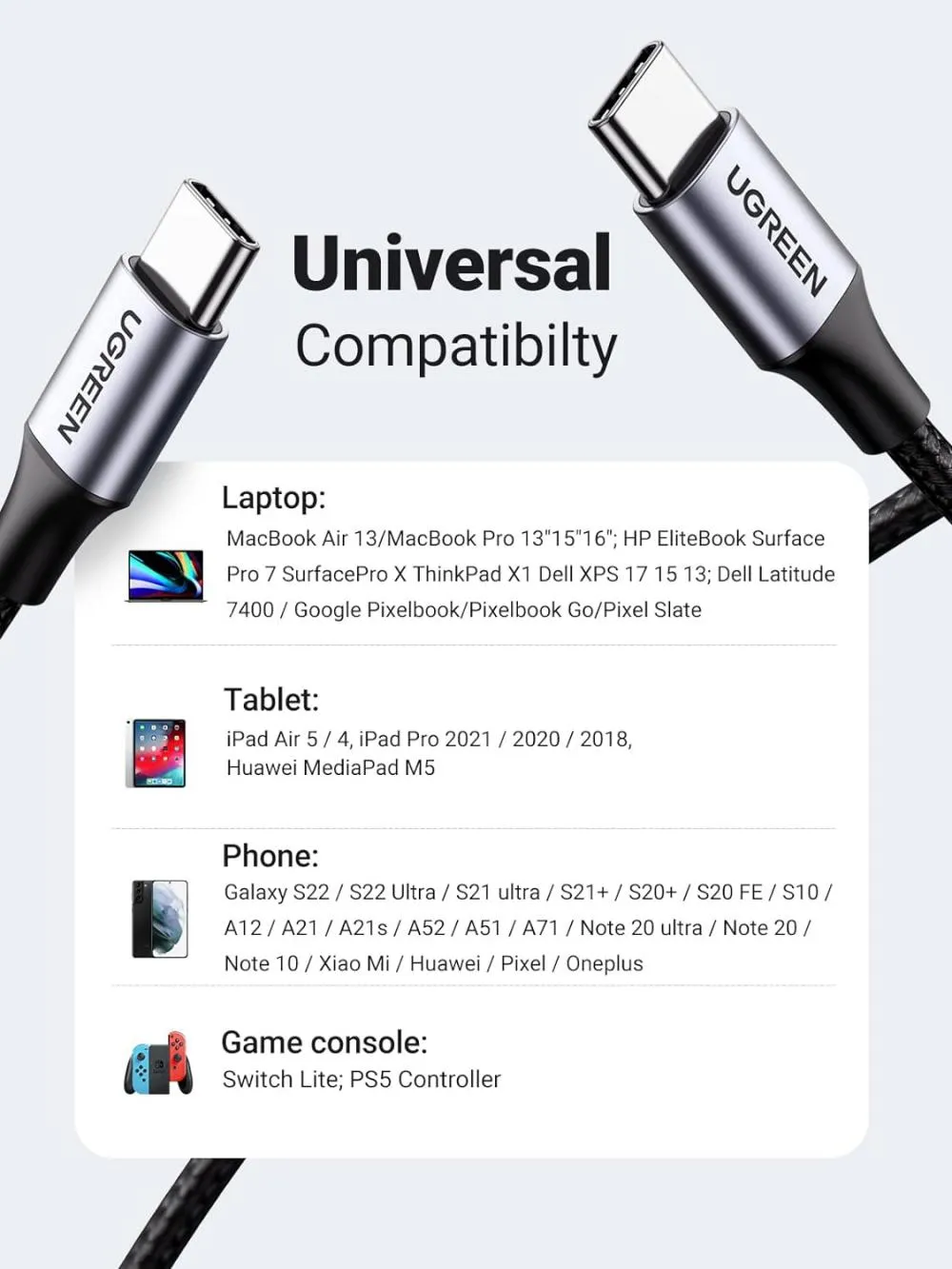 UGREEN 60W USB C to USB Type-C Cable 3A 1m (50150)