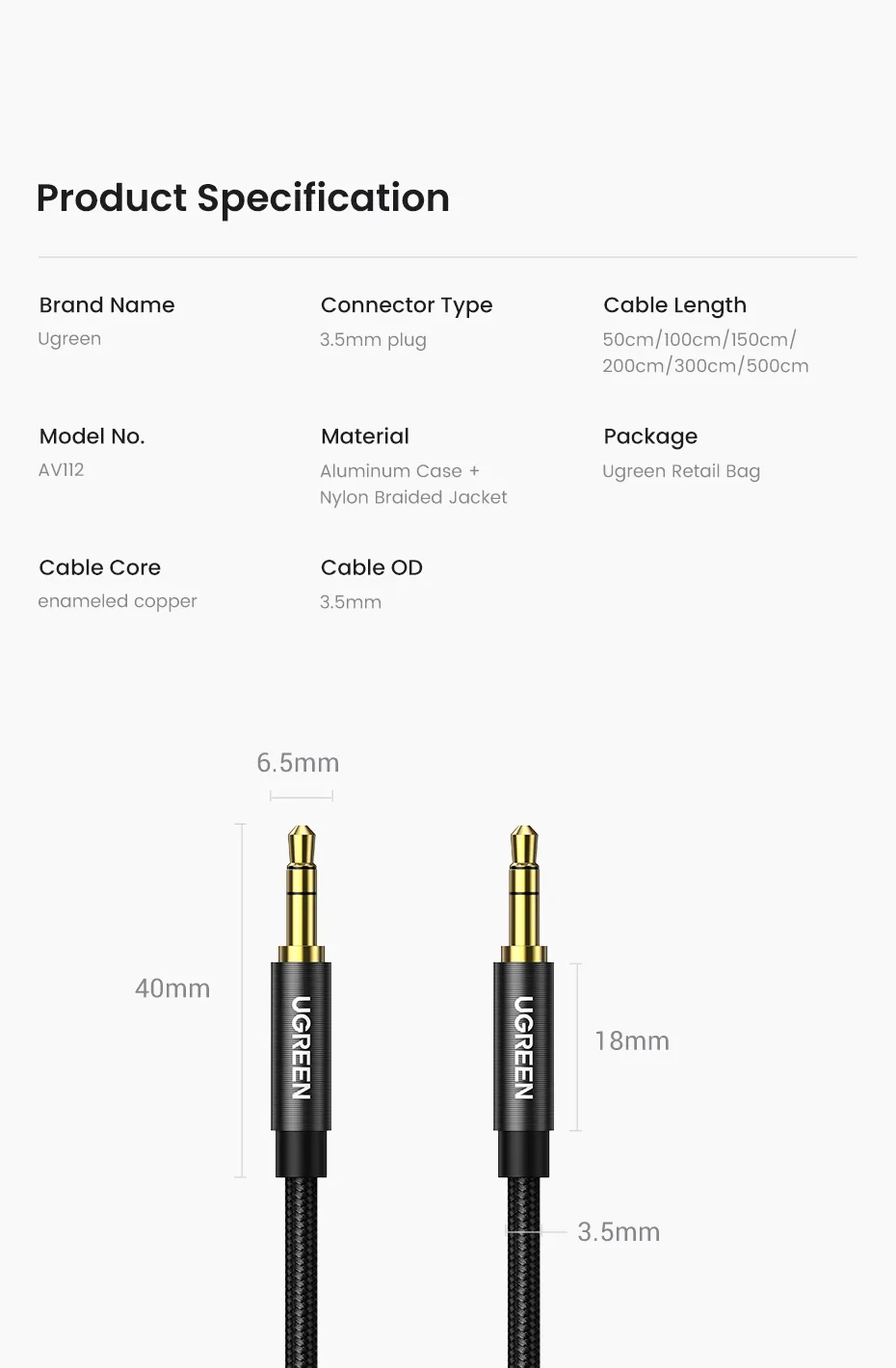 UGREEN AV112 (10694) 3.5mm Male To Male Round Cable – 3M