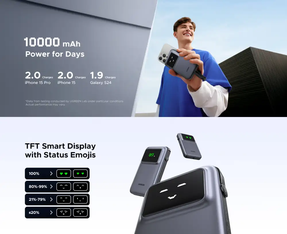 UGREEN Uno 10000mAh 30W Power Bank with Built-in USB-C Cable