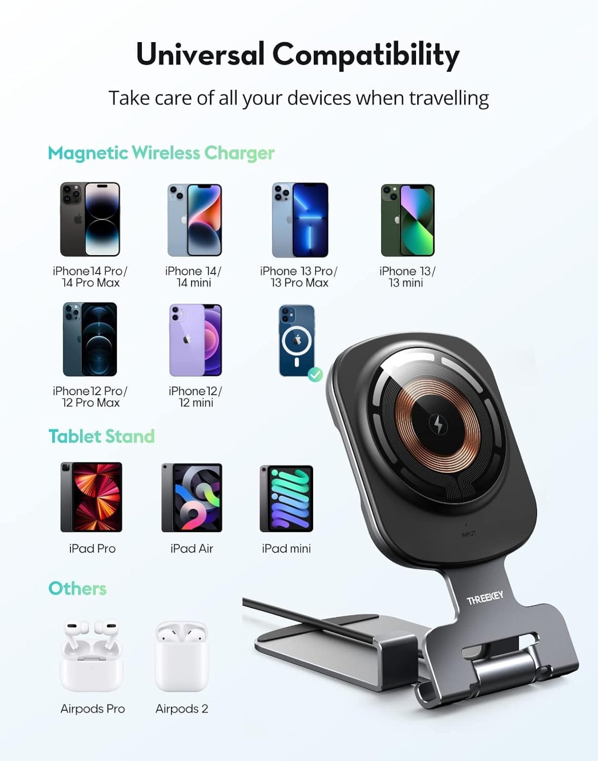 THREEKEY ‎TK-32 Foldable MagSafe Charger Stand 15W for iPhone & AirPods