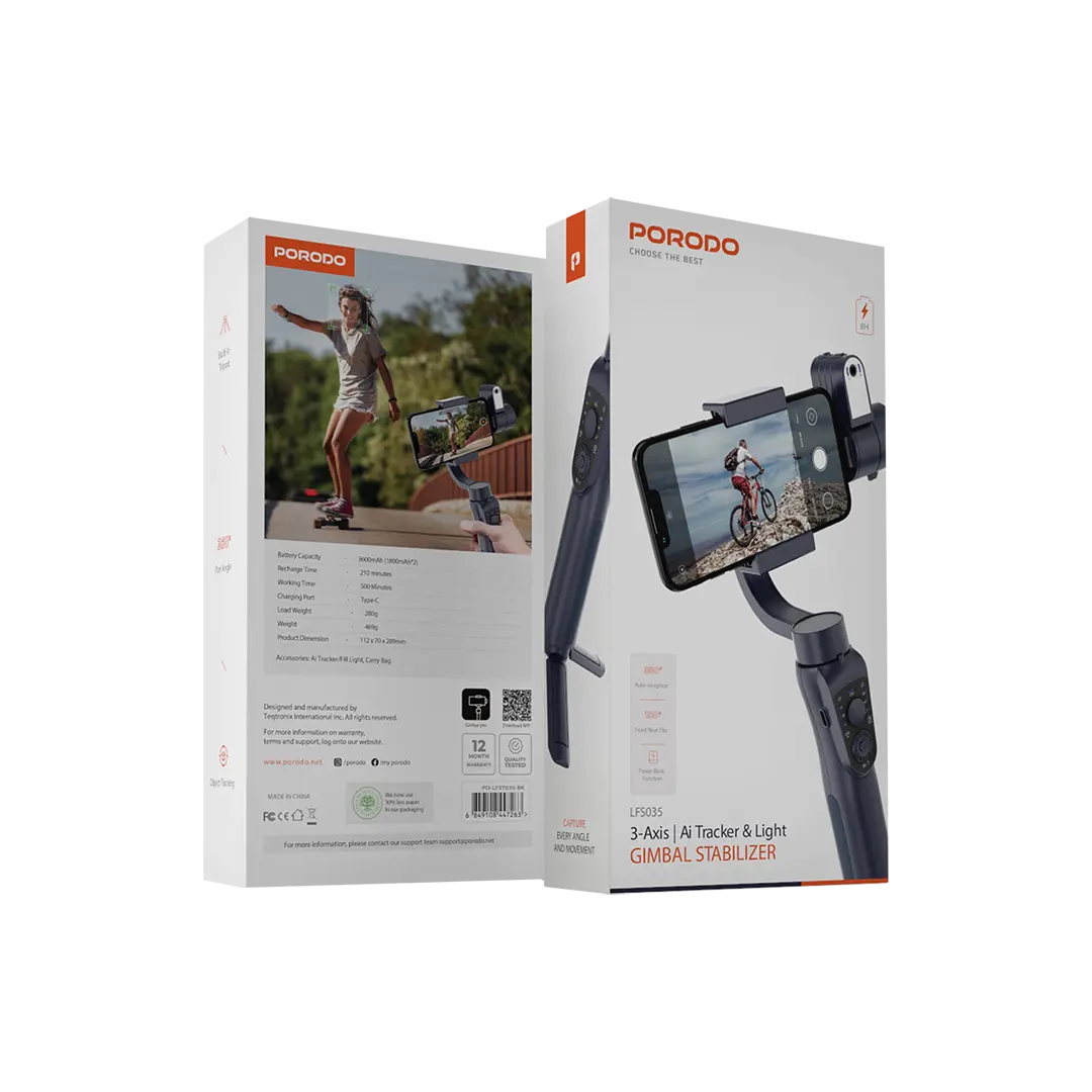 Porodo 3-Axis Ai Tracker & Light Gimbal Stabilizer - Black