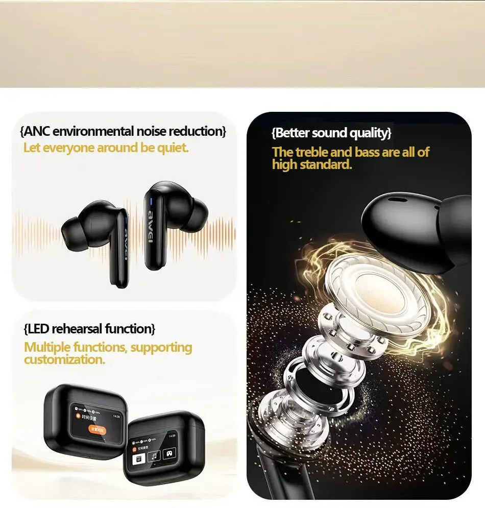 Awei T56 ANC Earbuds With LED Touch Screen Display