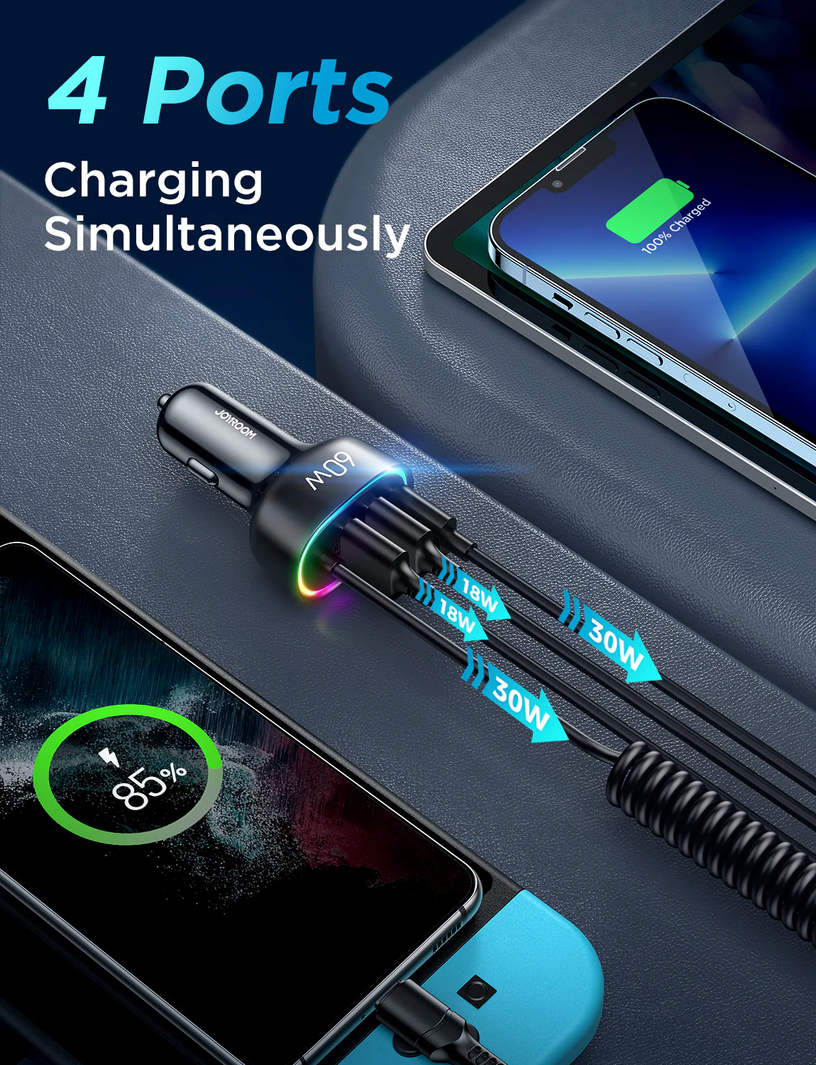 Joyroom JR-CL20 4-in-1 Car Charger with Lightning Cable 57W