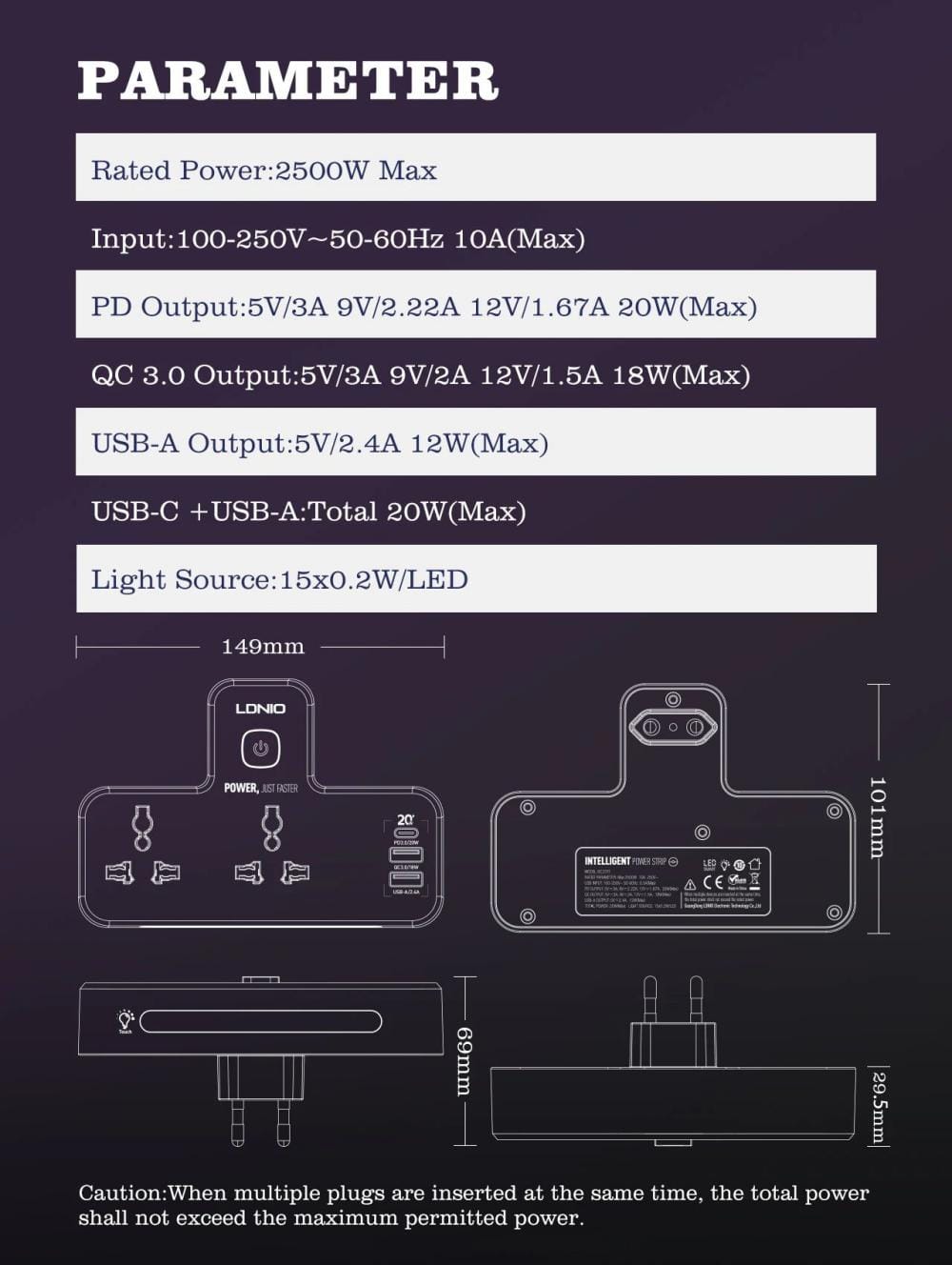 LDNIO SC2311 20W 3-Port USB Charger Extension Power Strip