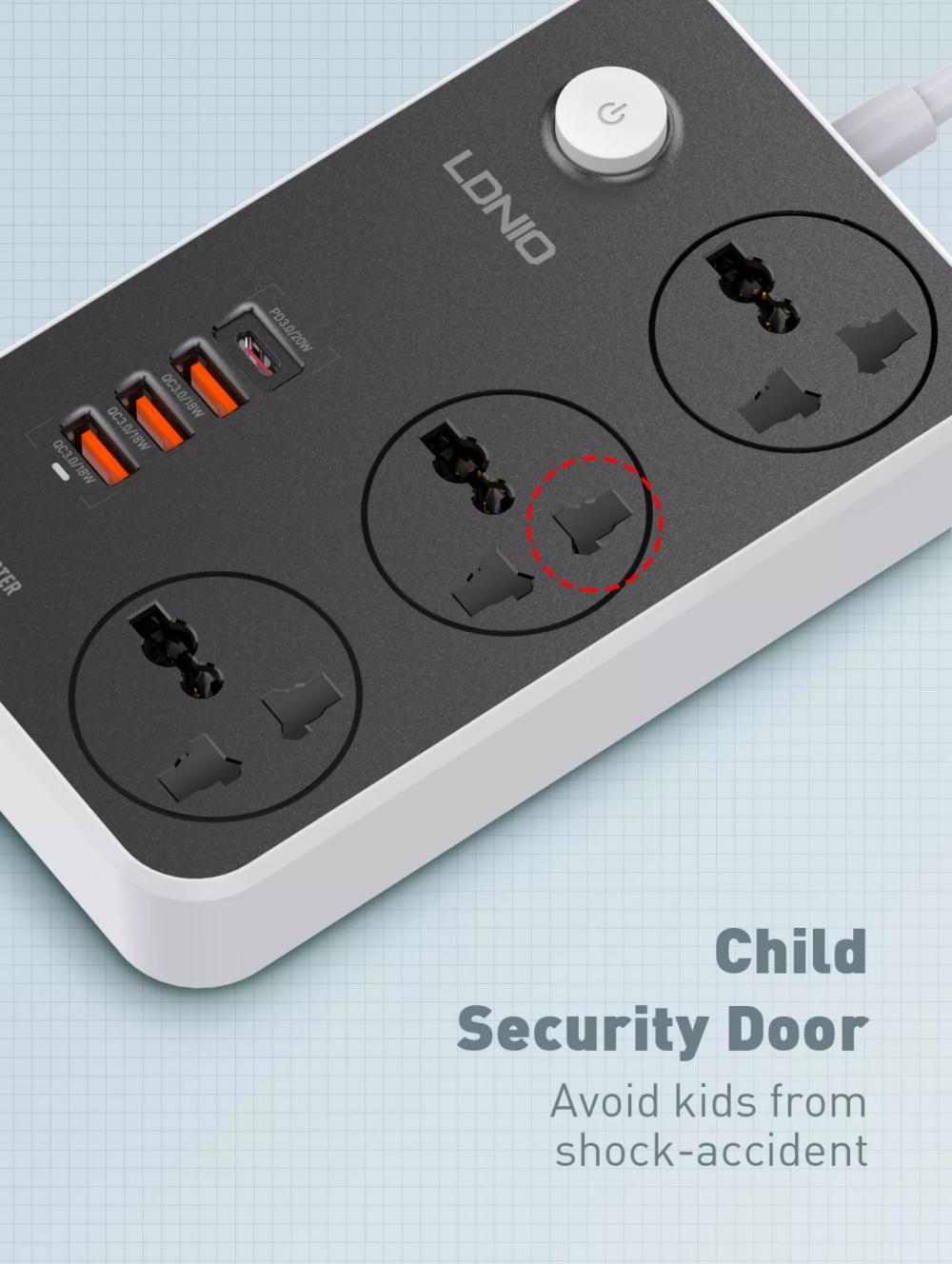 LDNIO SC3412 38W PD20W Power Strip 3 Socket Outlets and 3 QC 3.0 USB