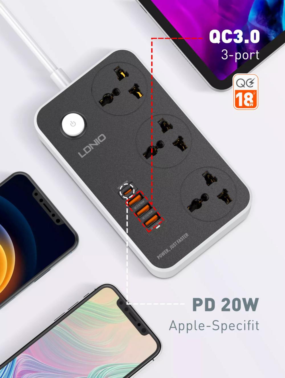LDNIO SC3412 38W PD20W Power Strip 3 Socket Outlets and 3 QC 3.0 USB
