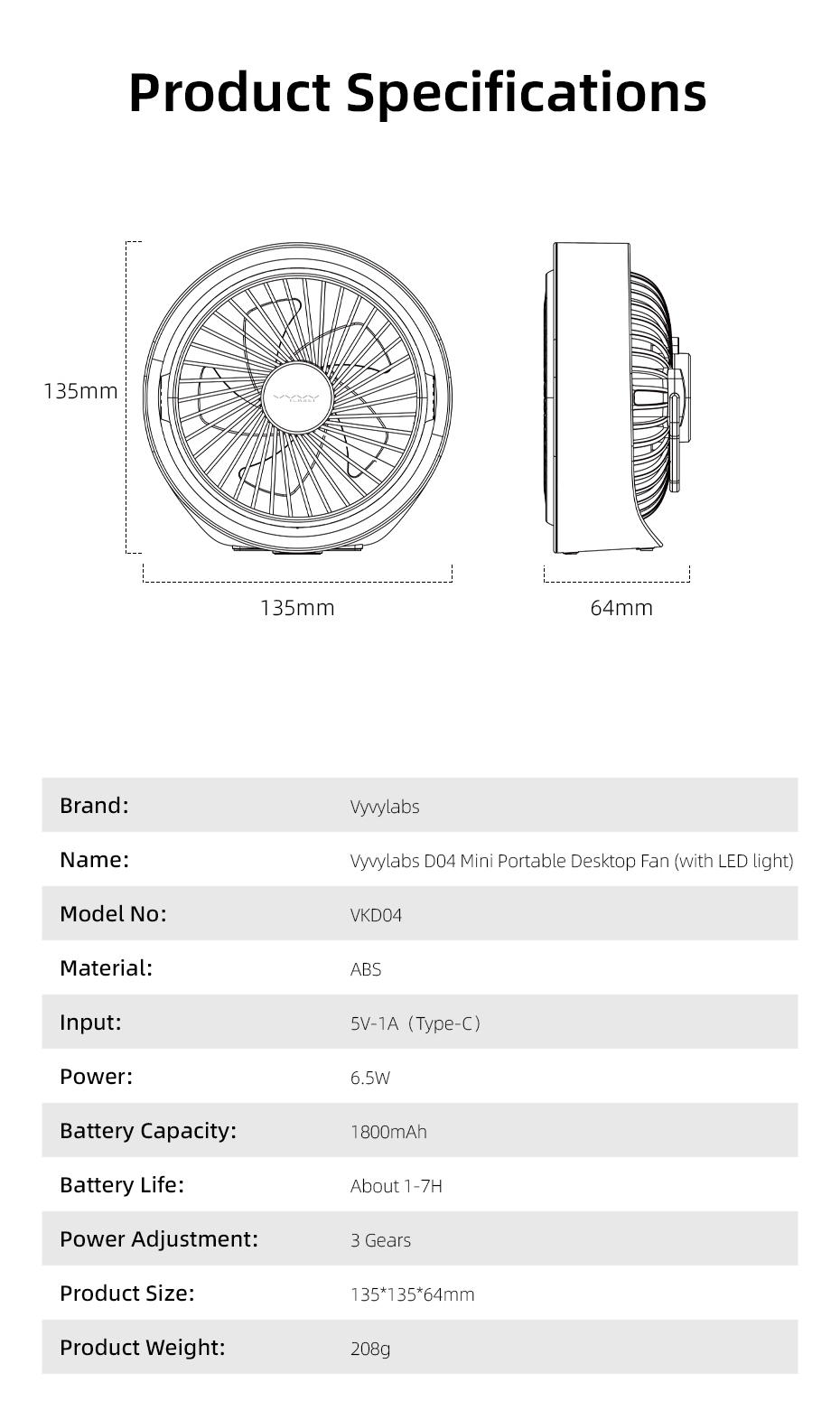 Vyvylabs D04 Mini Portable Desktop Fan (with LED light)