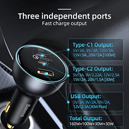 Baseus 160W Qualcomm QC 5.0 Car Charger (2 USB-C + USB-A) with 100W Cable