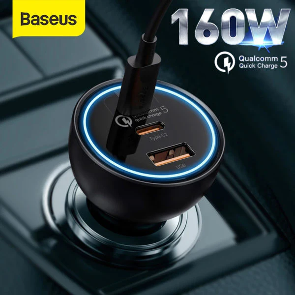 Baseus 160W Qualcomm QC 5.0 Car Charger (2 USB-C + USB-A) with 100W Cable