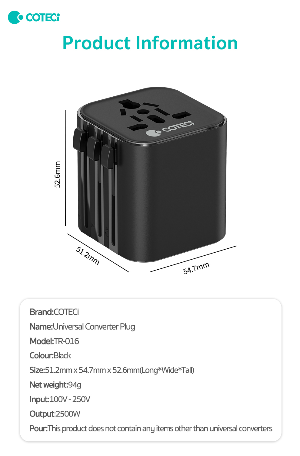 COTECi Universal Travel Converter Plug
