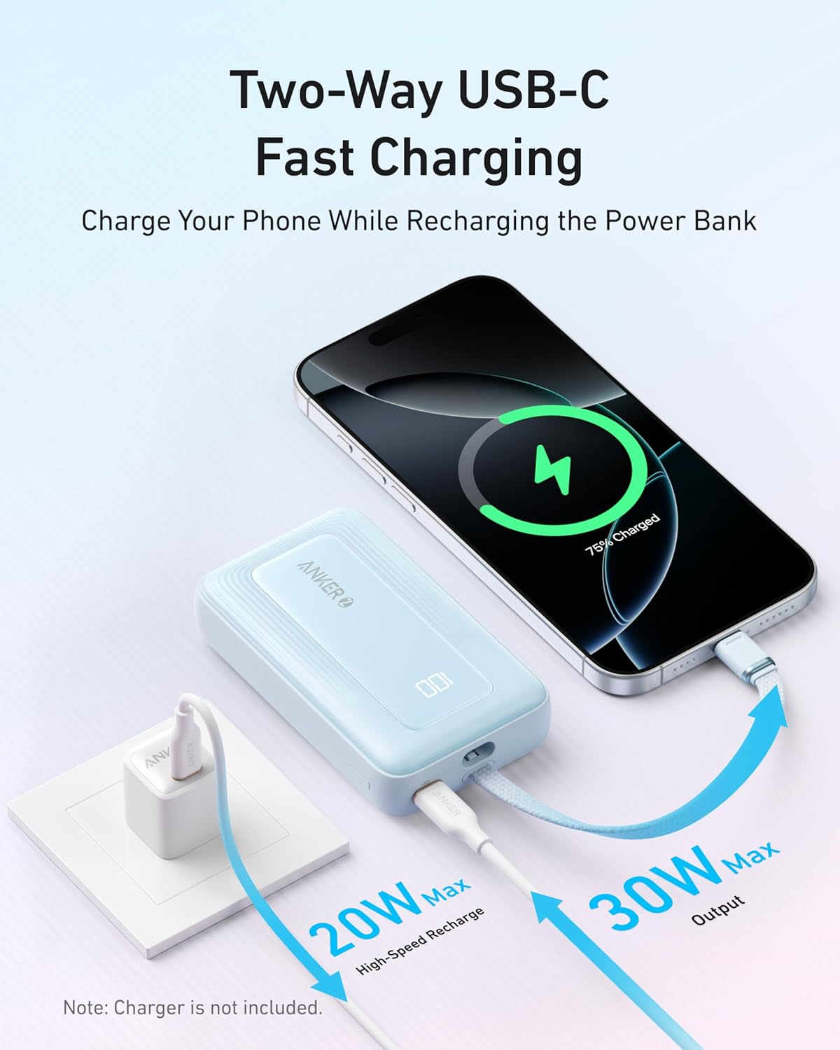 Anker Zolo Power Bank (10K, 30W) with a 5.4-inch (13.7 cm) built-in USB-C Cable