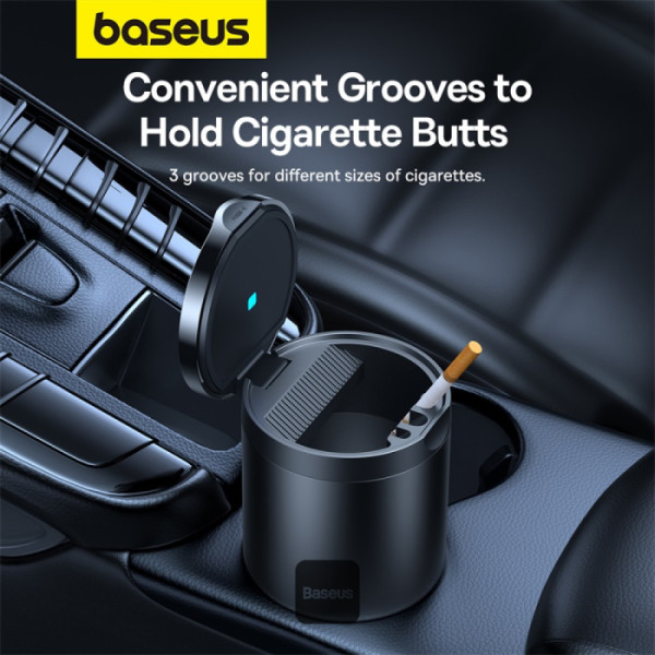 BASEUS Premium 2 Series Car Ashtray Aluminum Alloy Waterproof Car Ashtray Built-in LED Light – Black