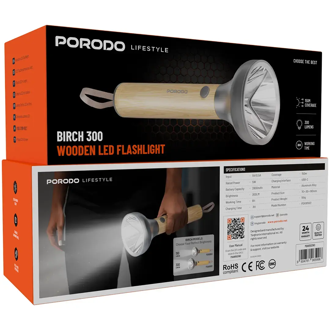 Porodo Lifestyle Birch 300 Wooden LED Flashlight