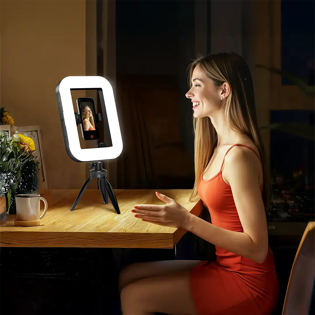 Porodo Lifestyle Vlogging Camera and Phone Light with Handheld Ring Holder, Desktop Support, and Phone Clip