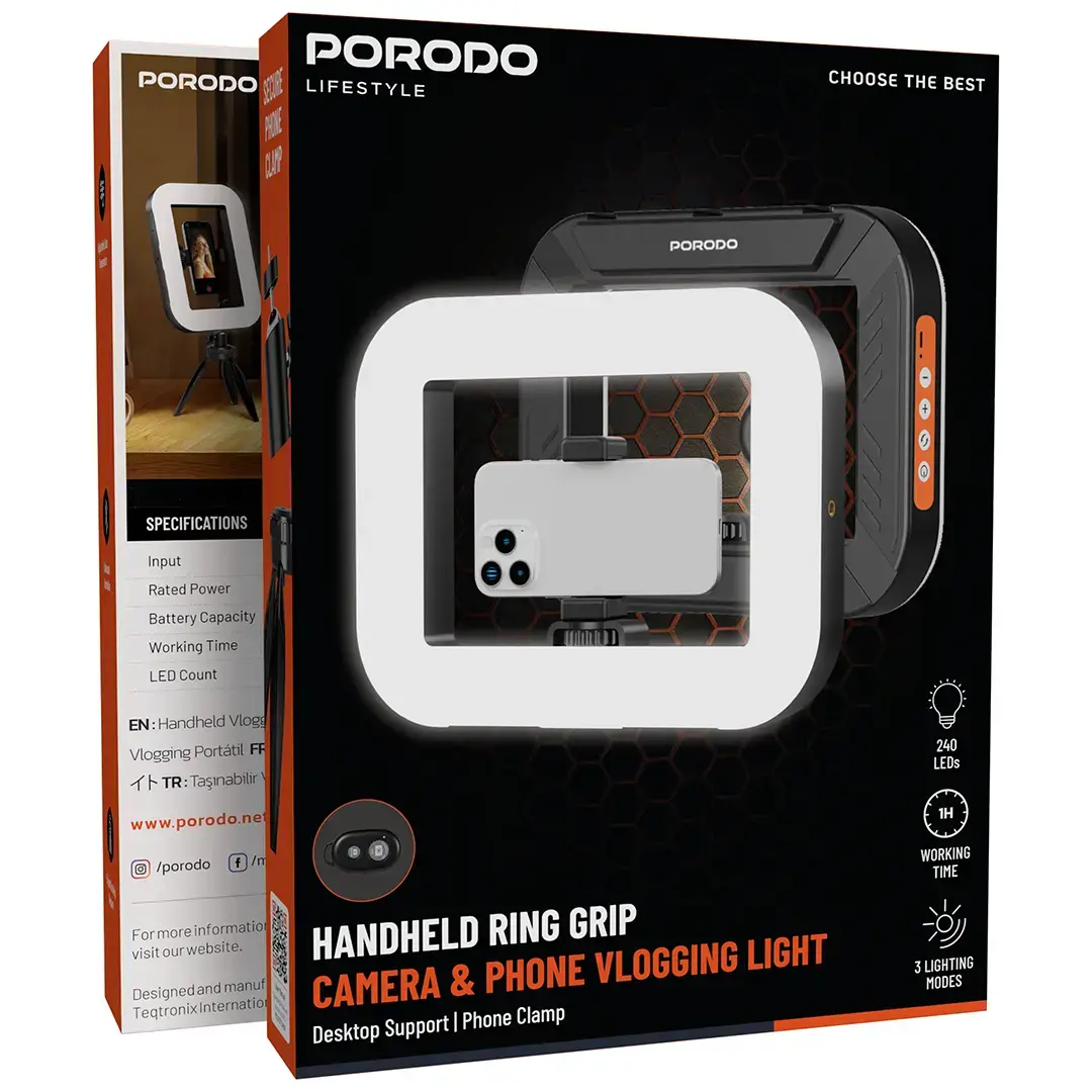Porodo Lifestyle Vlogging Camera and Phone Light with Handheld Ring Holder, Desktop Support, and Phone Clip