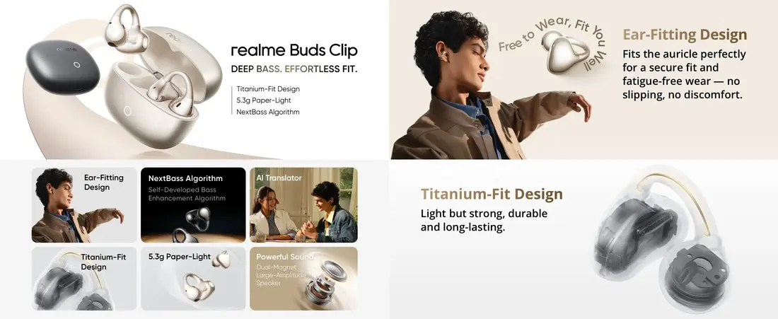 Realme Buds Clip open-ear OWS wireless earbuds with AI ENC and 36 hours battery life in Bangladesh