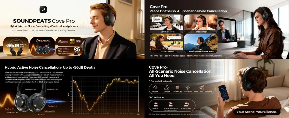SoundPEATS Cove Pro wireless over-ear headphones with 7-mic hybrid ANC and 95-hour battery life