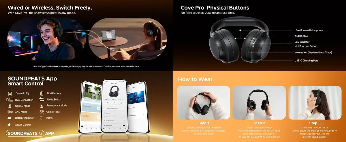 SoundPEATS Over-Ear Headphones Cove Pro comfortable memory foam design for long listening