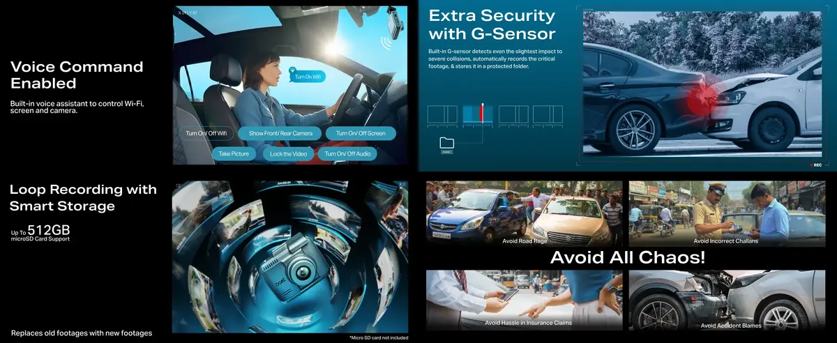 boAt AD0003 Hive F1 Dashcam featuring WiFi 6 connectivity and 512GB micro SD support for long trips