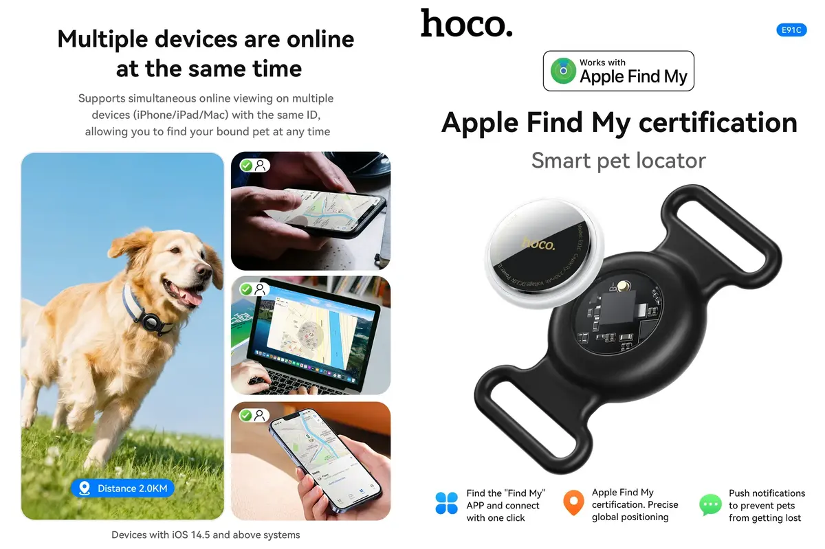 HOCO Anti-Lost Smart Tag E91C connected with Apple Find My app for secure pet monitoring system