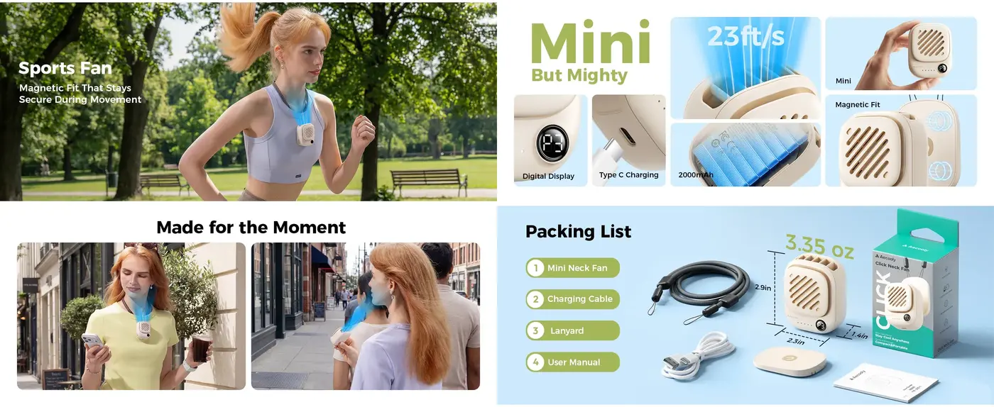 Aecooly Mini Portable Neck Fan Click 01 powerful airflow neck fan for hot weather in Bangladesh