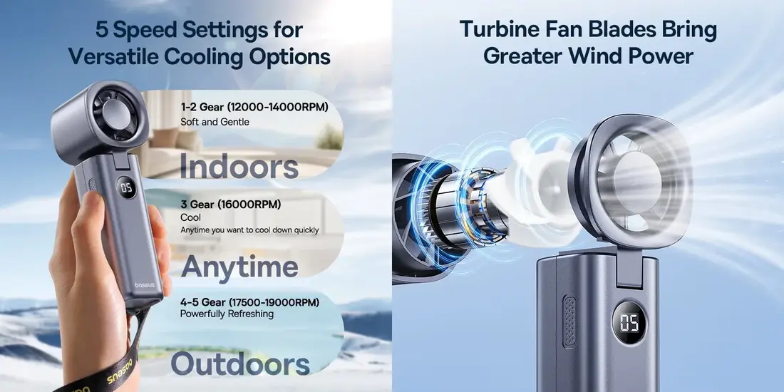 Baseus High-Speed Turbo Fan GoTrip DT1 powerful mini fan with turbine blades and strong airflow performance