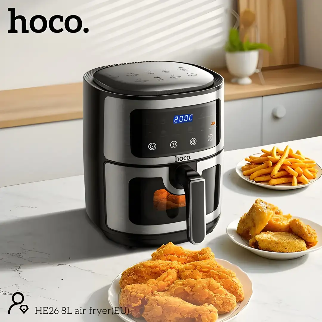 Hoco HE26 Air Fryer for healthy oil-free cooking at home in Bangladesh, featuring 8L capacity and 360° heat circulation.