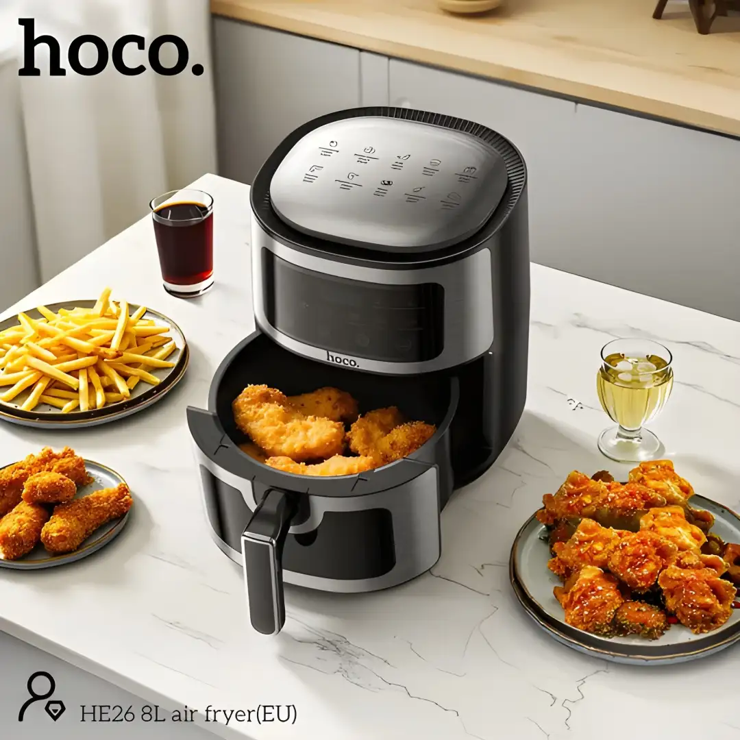 HOCO Air Fryer HE26 digital touch panel with adjustable timer and temperature for perfect crispy meals every time.