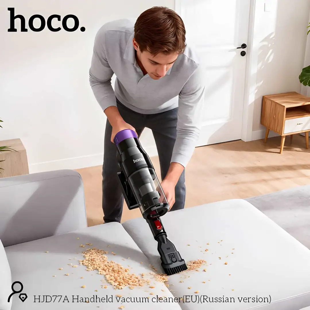 HOCO HJD77A cordless handheld vacuum cleaner in use for home and car cleaning