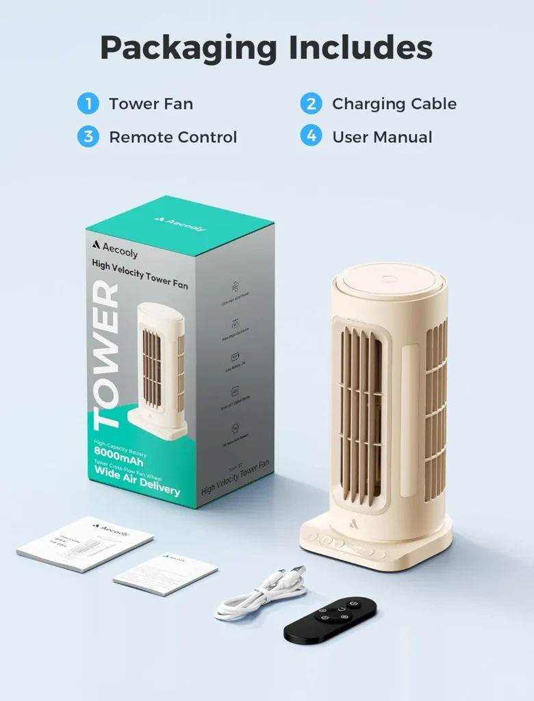 Aecooly TH02 8000mAh Battery Powered Tower Fan with Remote