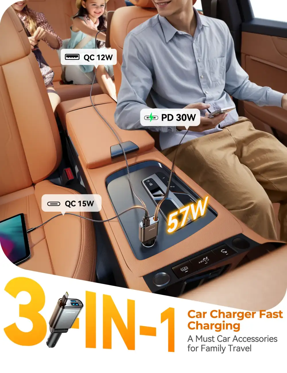 JOYROOM JR-CCL07 3-in-1 Retractable Car Charger Design