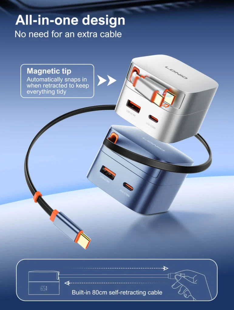 2. LDNIO Q10 65W GaN Fast Charger with Retractable Cable Low Price in Bangladesh 