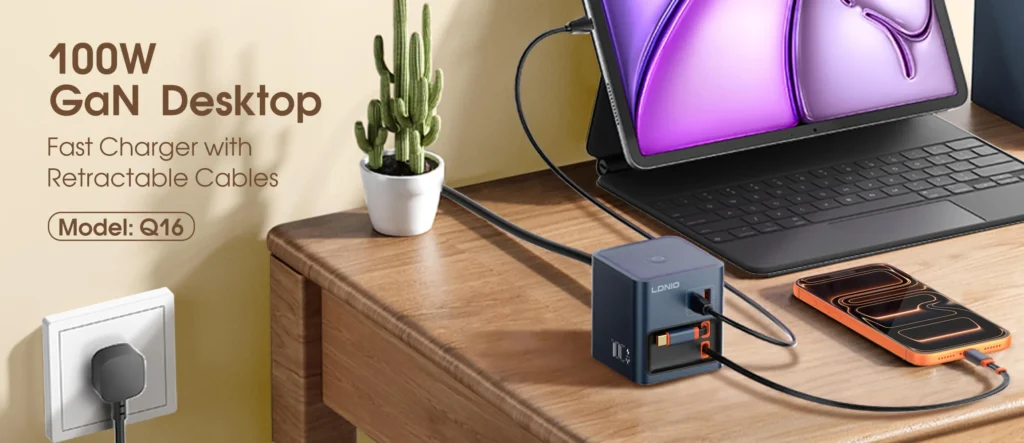 Buy LDNIO Q16 100W GaN Desktop Fast Charger with Retractable Cables from Gears Wheel Bangladesh